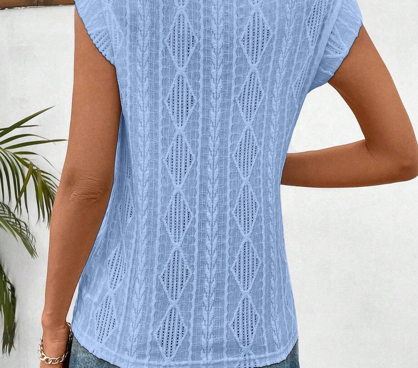 Openwork Round Neck Cap Sleeve Top