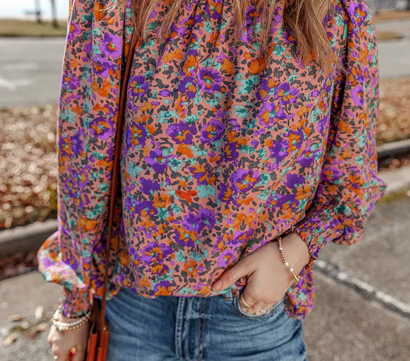 Floral Round Neck Long Sleeve Blouse