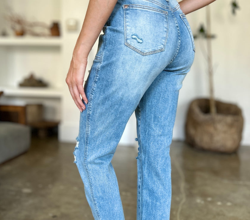 Judy Blue Full Size Distressed Straight Jeans with Patch Pockets