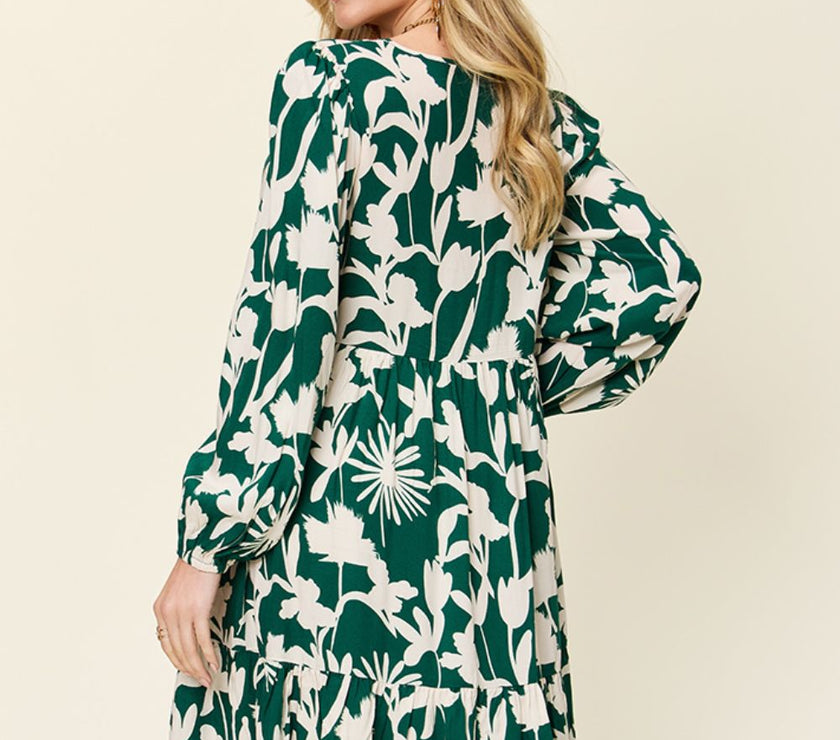 Double Take Full Size Printed Ruffle Hem Dress with Pocket