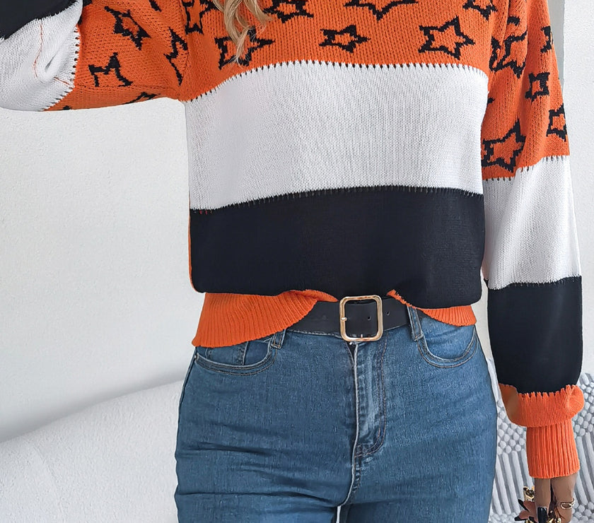 Star Contrast Round Neck Sweater