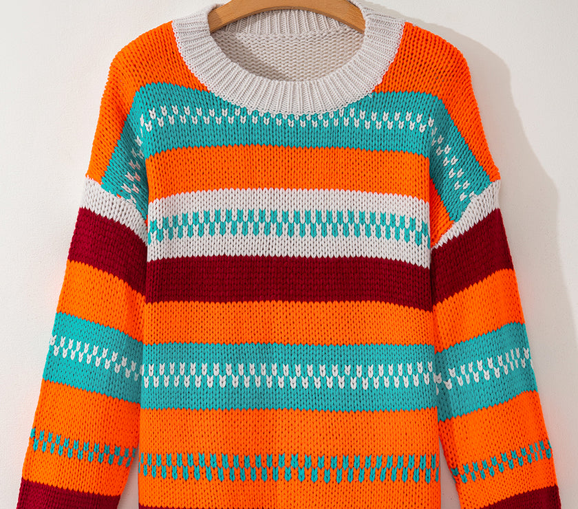 Contrast Striped Round Neck Long Sleeve Sweater