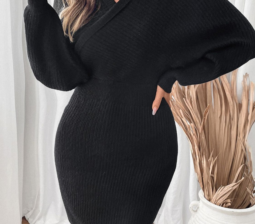 Perfee Surplice Long Sleeve Sweater Dress