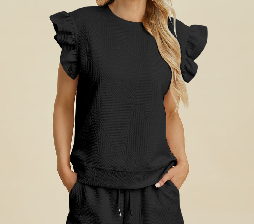 Double Take Full Size Texture Round Neck Ruffle Sleeve Top and Shorts Set