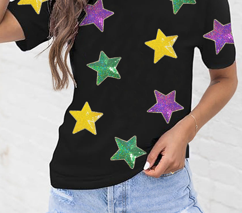 Sequin Stars Patched Round Neck T-Shirt