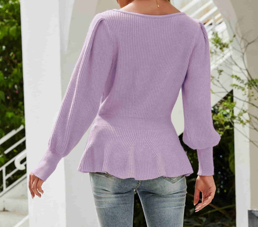 Ribbed Round Neck Lantern Sleeve Sweater