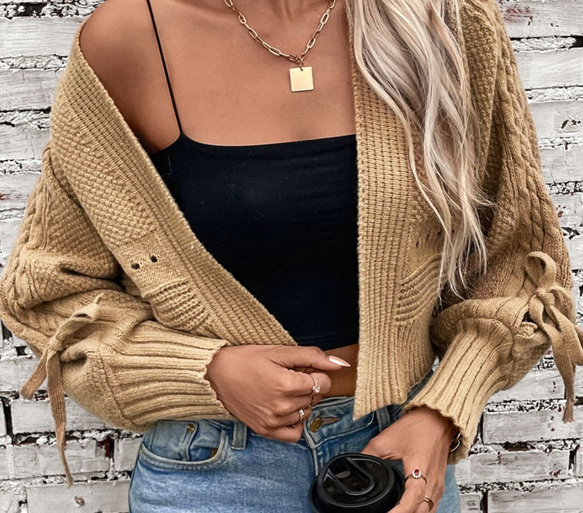 Cable-Knit Tied Open Front Lantern Sleeve Cardigan