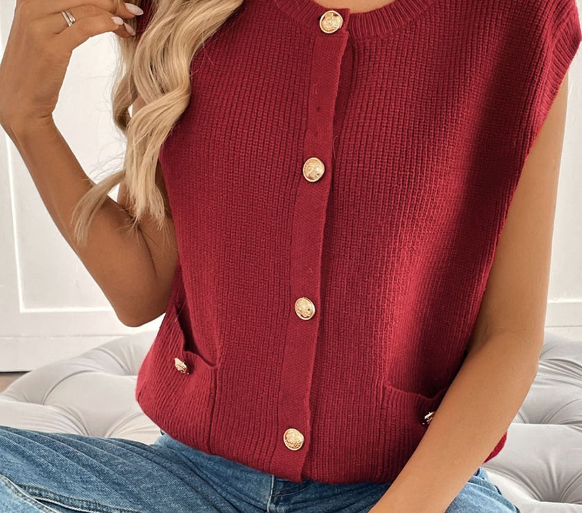 Perfee Pocketed Round Neck Cap Sleeve Cardigan