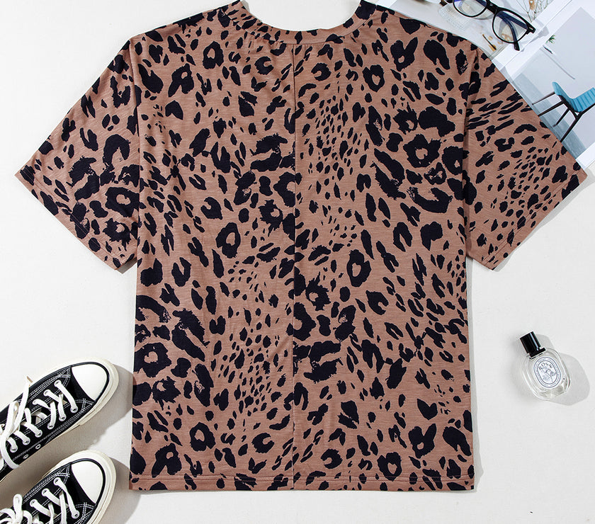 Brown Leopard Print V Neck Half Sleeve Oversized Tee