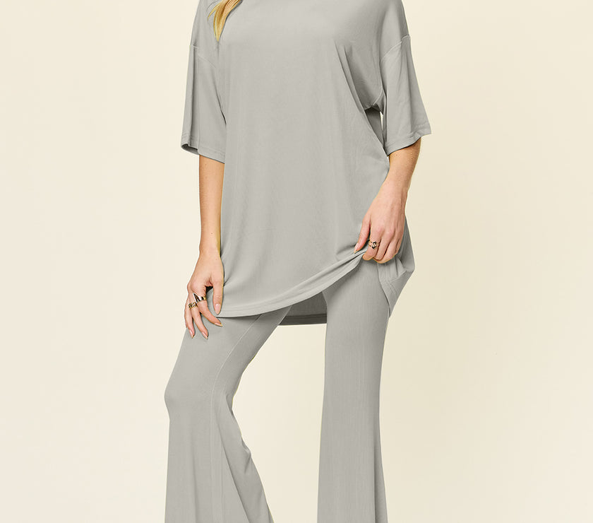 Double Take Full Size Round Neck Drop Shoulder T-Shirt and Flare Pants Set