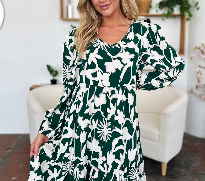 Double Take Full Size Printed Ruffle Hem Dress with Pocket