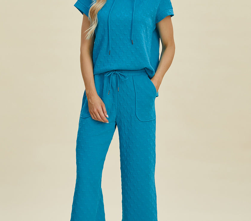 Double Take Full Size Texture Drawstring Short Sleeve Hoodie and Pocketed Pants Set