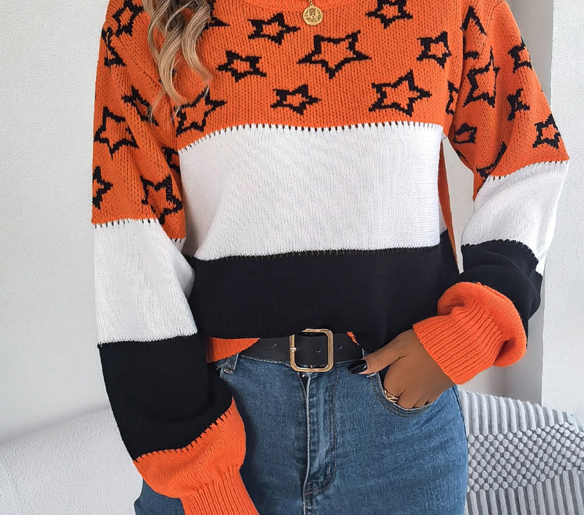 Star Contrast Round Neck Sweater