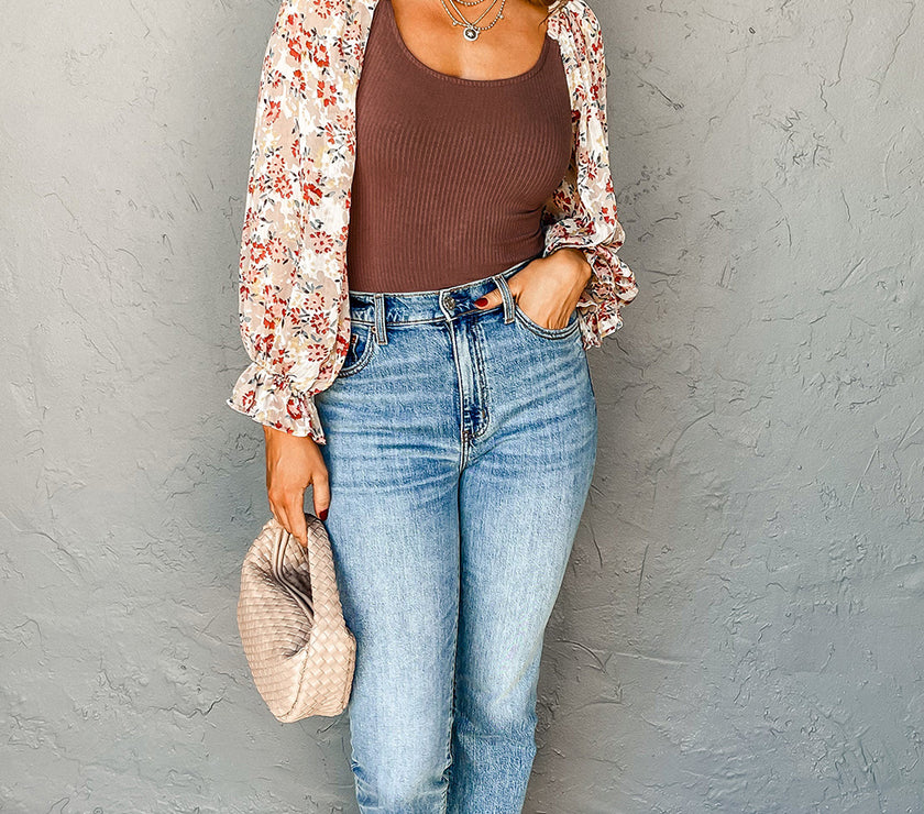 Scoop Neck Printed Flounce Sleeve Bodysuit