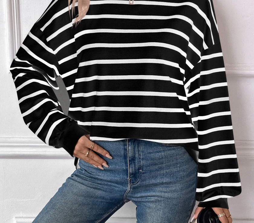 Lovelet Striped Round Neck Long Sleeve Sweatshirt