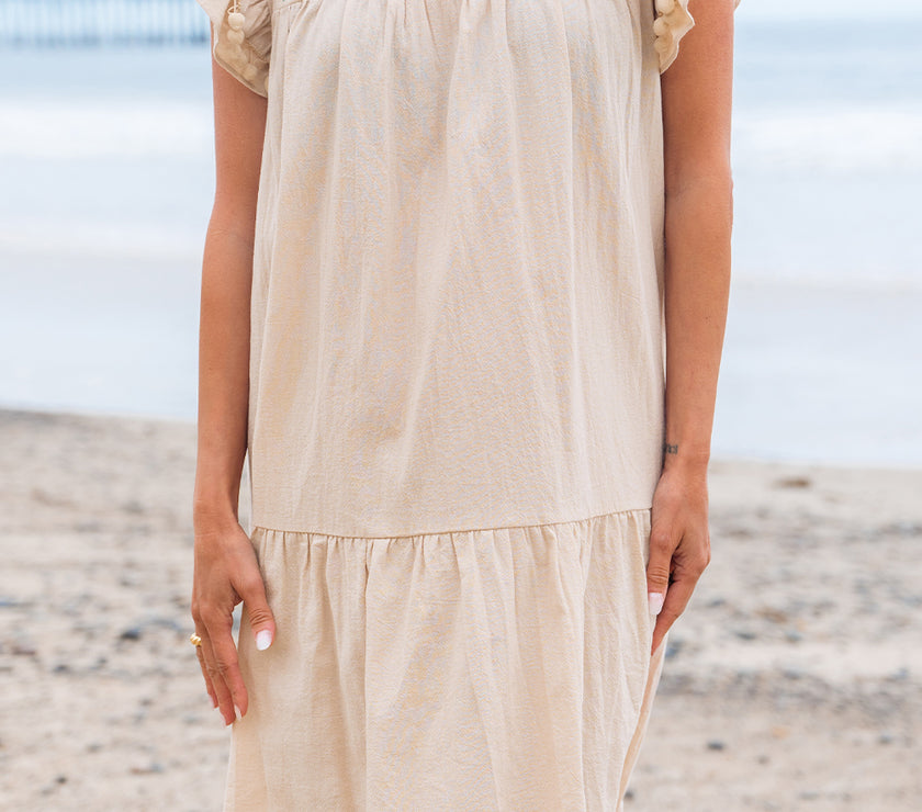 Jet Stream Linen Embroidery Split Neck Pom Pom Ruffle Sleeves Flowy Short Dress