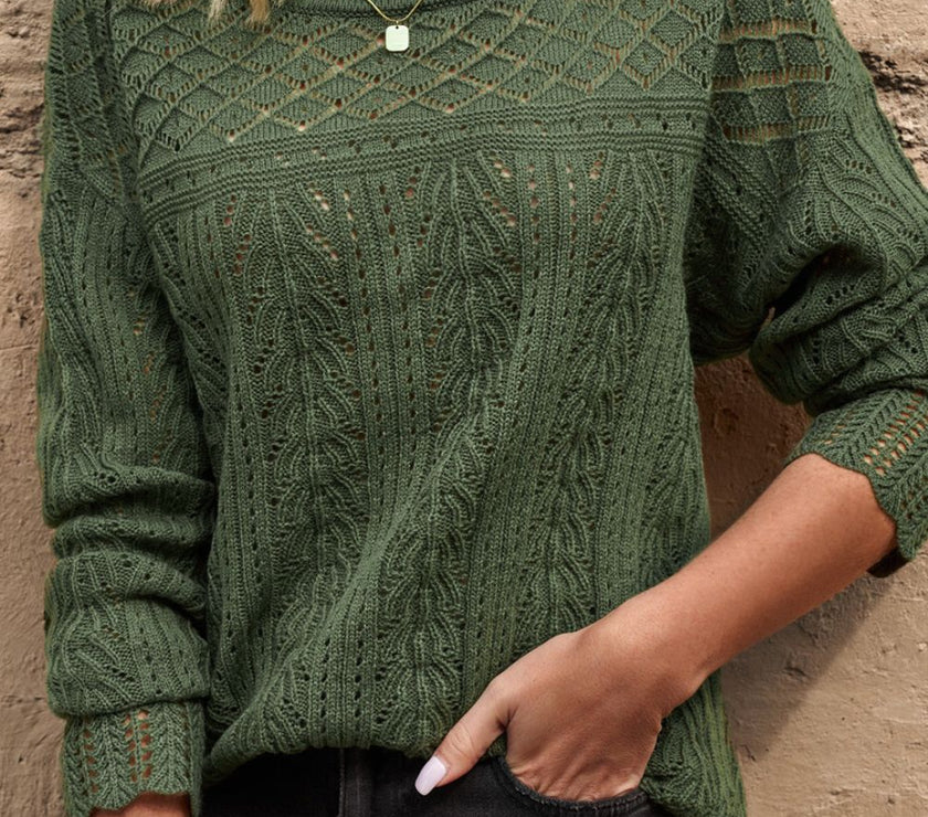 Openwork Round Neck Long Sleeve Knit Top