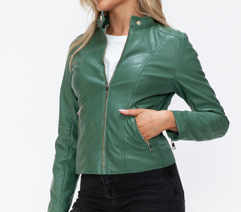 Snobbish Faux Leather Zip Up Drawstring Hooded Jacket