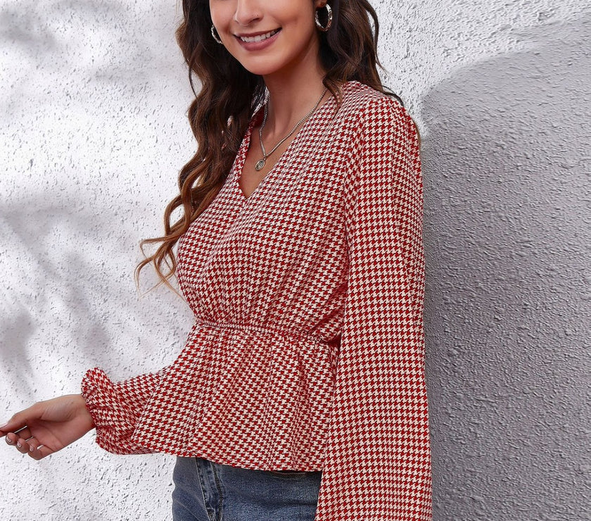 Ruched Printed V-Neck Long Sleeve Blouse