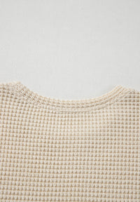 Waffle-Knit Printed Round Neck Flounce Sleeve Blouse