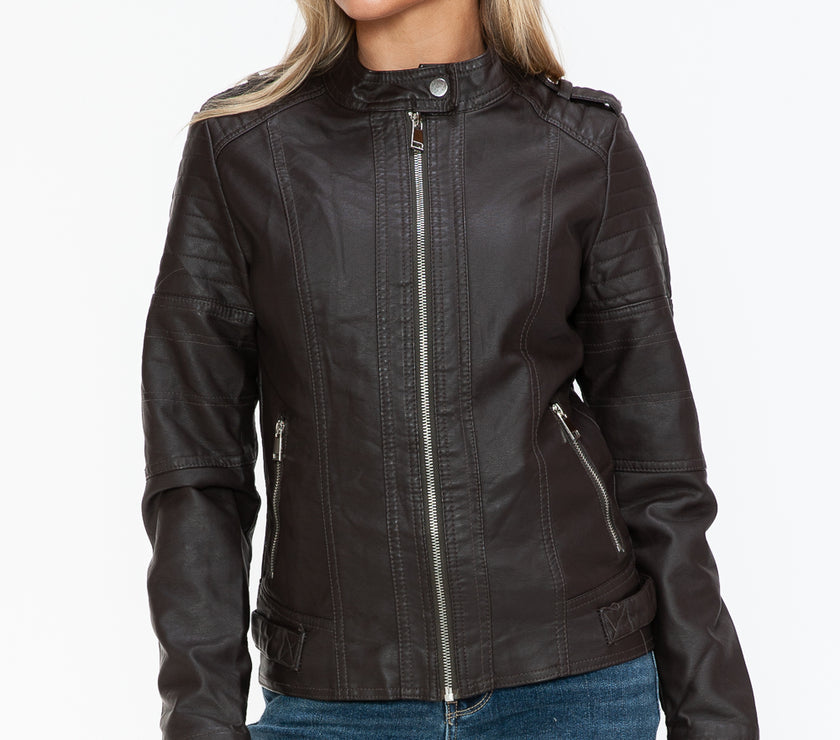 Snobbish PU Leather Biker Jacket with Side Zip Pockets