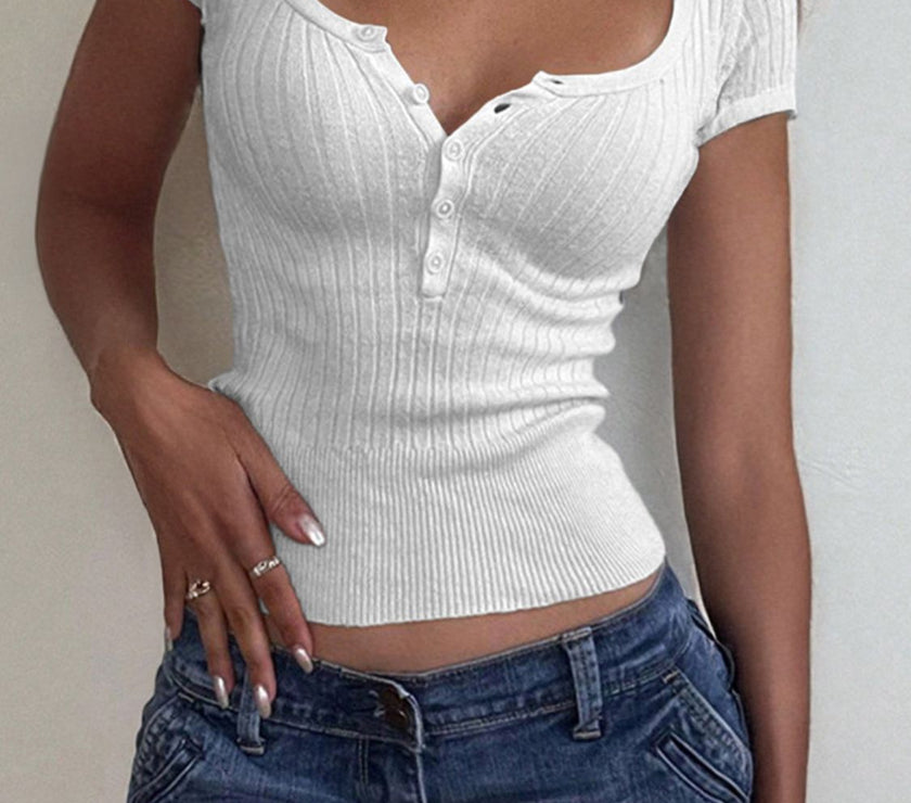 Half Button Scoop Neck Short Sleeve Knit Top