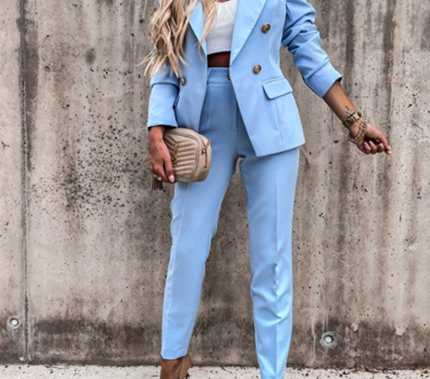 Lapel Collar Long Sleeve Blazer and Pants Set