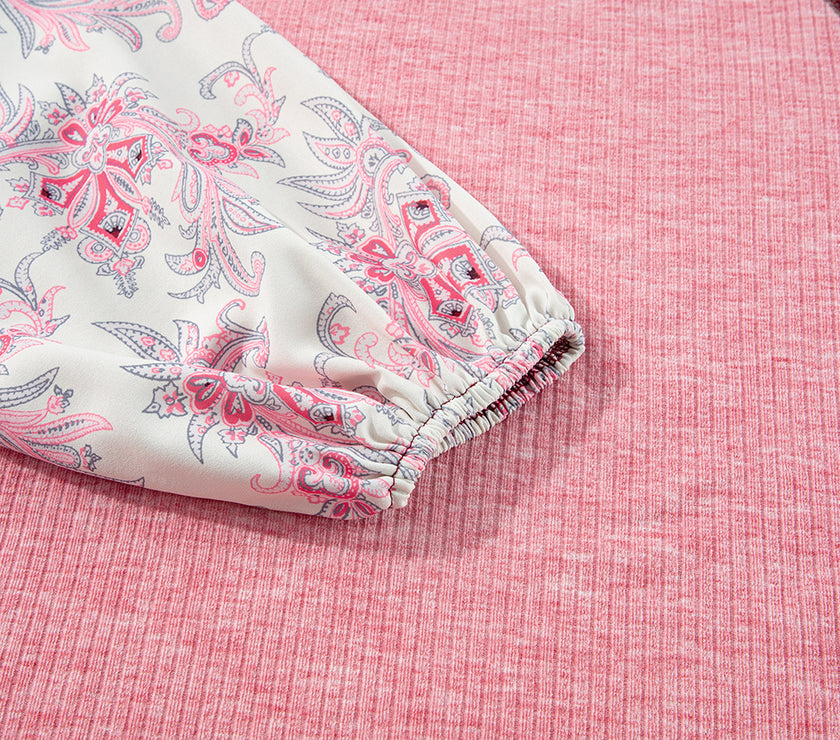 Plaid Floral Patchwork Round Neck Long Sleeve Top