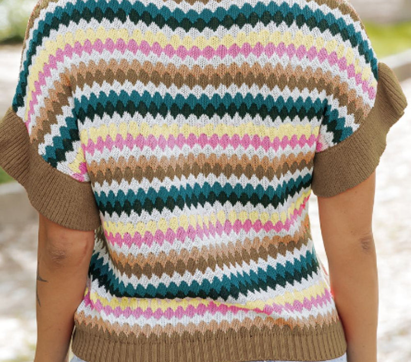 Contrast Round Neck Short Sleeve Sweater