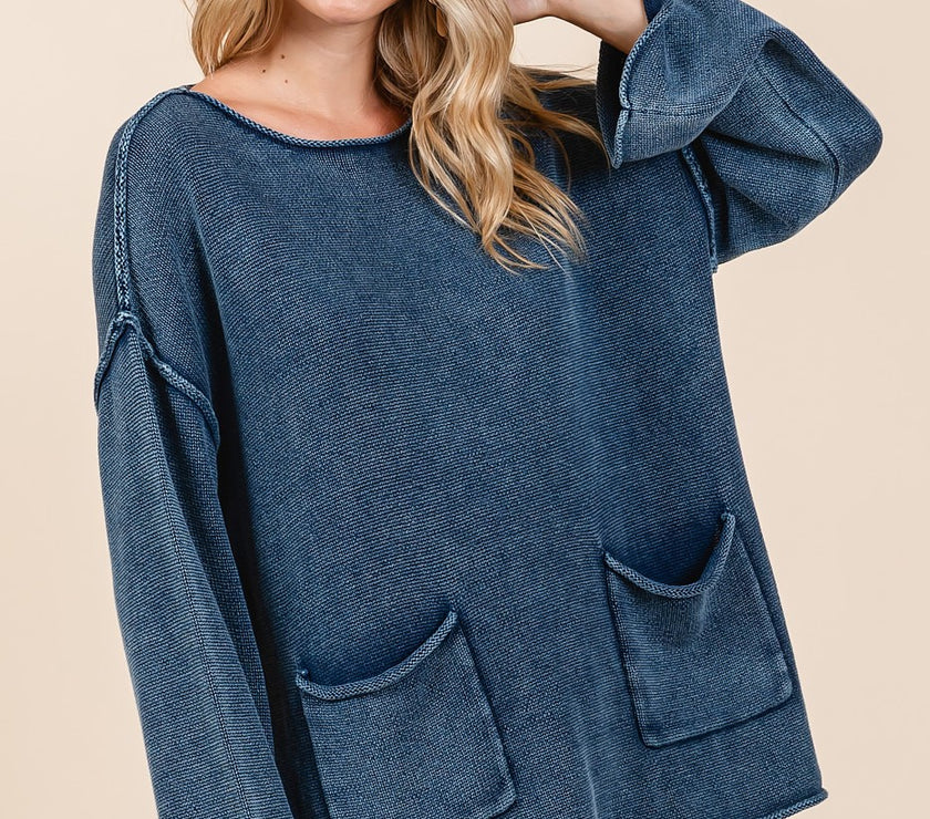 Mittoshop Mineral Wash Patch Pocket Cut Edge Sweater