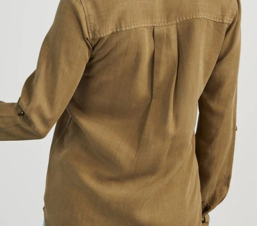 Collared Neck Roll-Tab Sleeve Denim Top