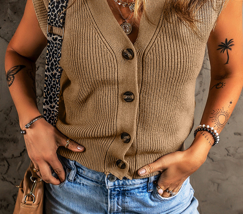 Parchment V Neck Buttoned Front Sweater Vest