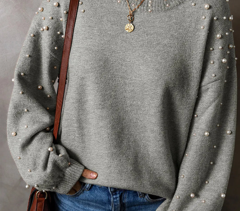 Pearl Detail Round Neck Long Sleeve Sweater