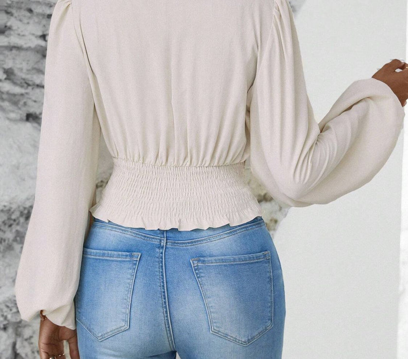 Smocked Surplice Balloon Sleeve Top