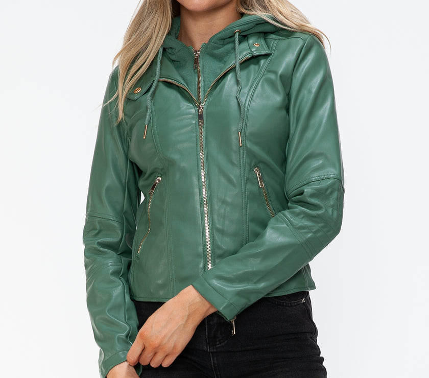 Snobbish Faux Leather Zip Up Drawstring Hooded Jacket
