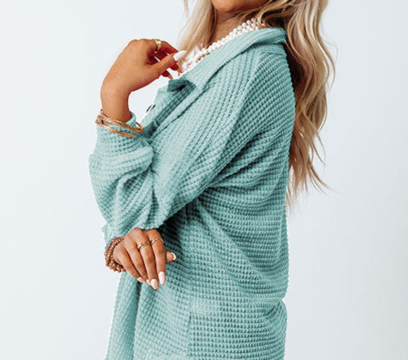 Waffle-Knit Collared Neck Long Sleeve Shirt