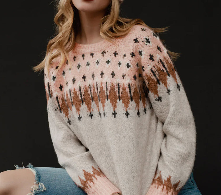 Geometric Contrast Round Neck Long Sleeve Sweater