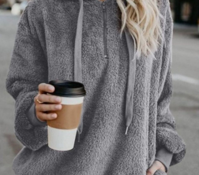 Full Size Quarter-Zip Drawstring Teddy Hoodie