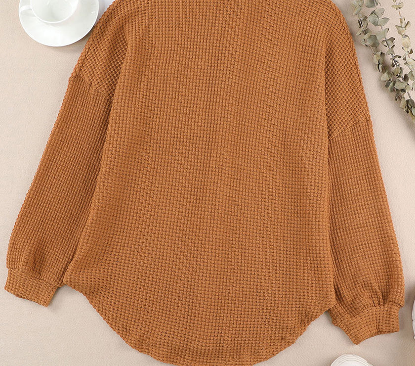 Waffle-Knit Collared Neck Long Sleeve Shirt
