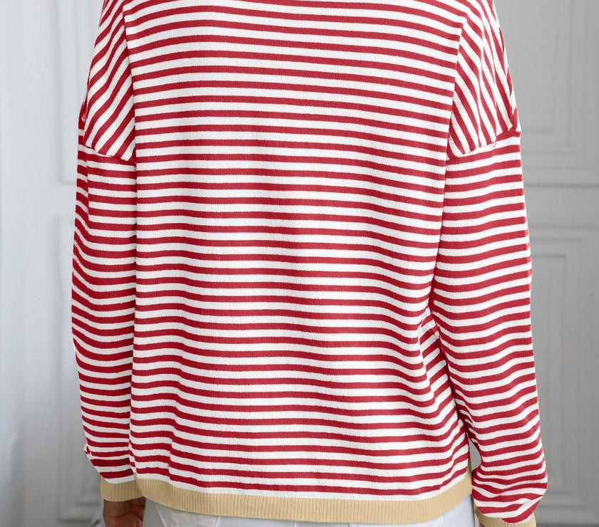 Contrast Trim Striped V-Neck Long Sleeve Knit Top