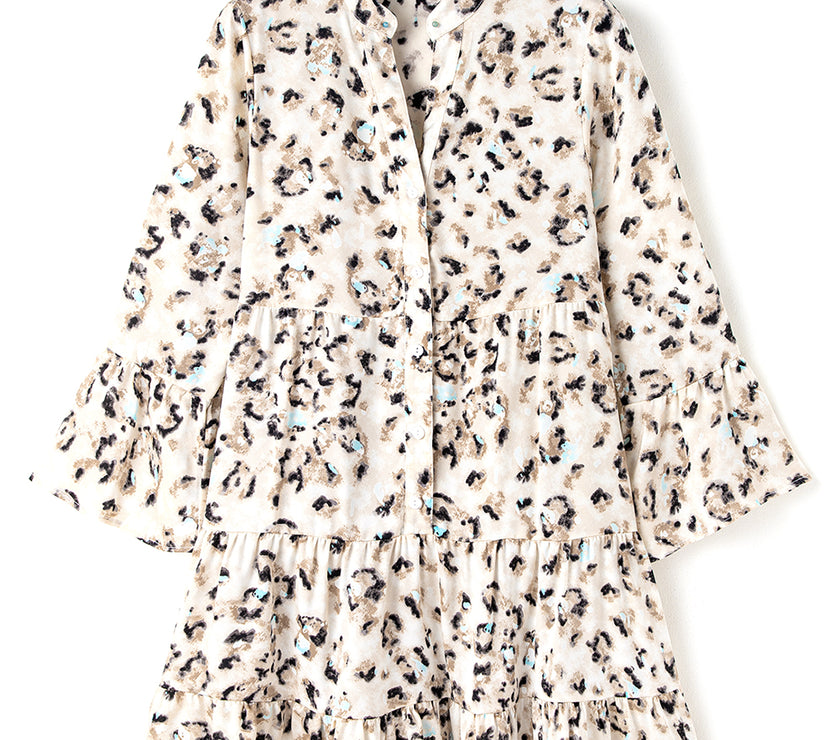 Khaki Leopard Print Buttoned Front 3/4 Sleeve Tiered Ruffled Hem Dress