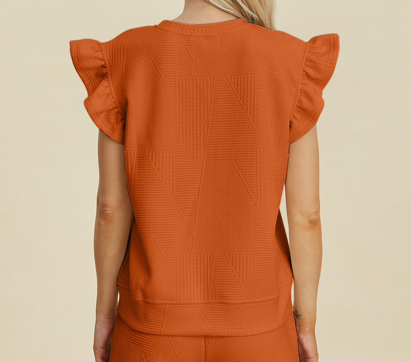 Double Take Full Size Texture Round Neck Ruffle Sleeve Top and Shorts Set