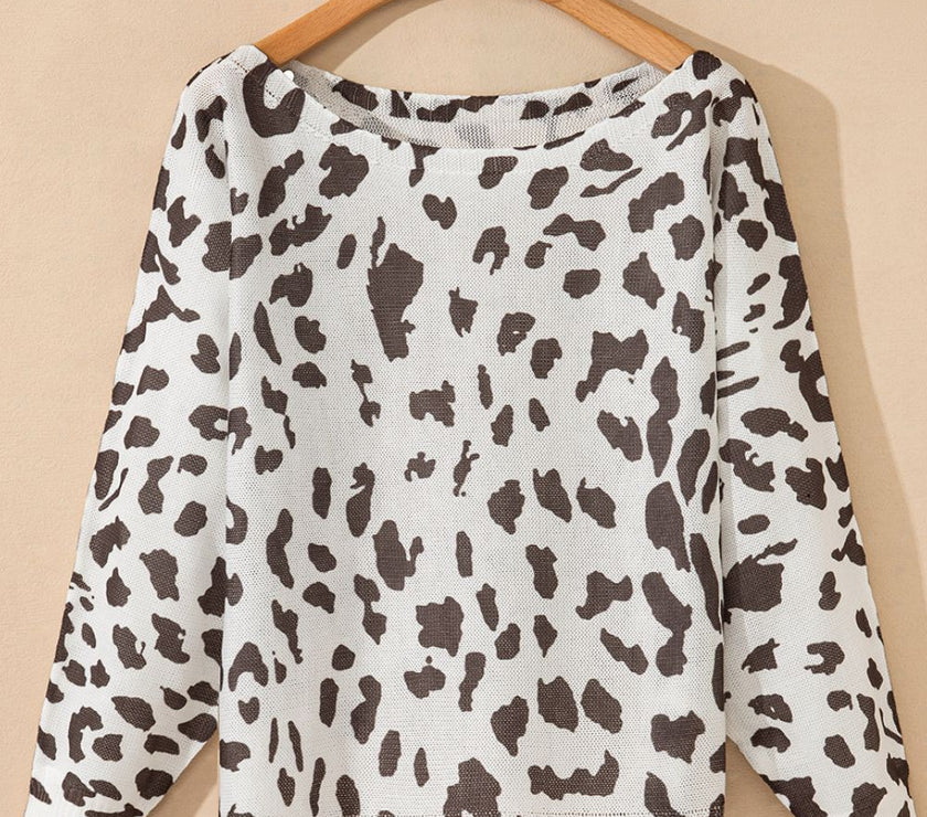 Leopard Boat Neck Long Sleeve Knit Top