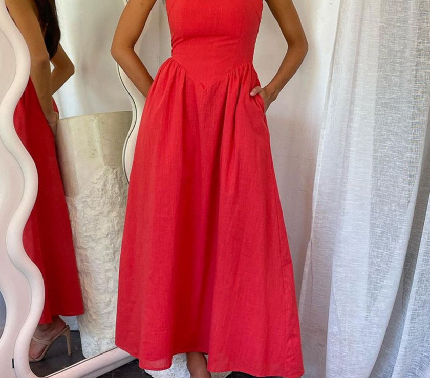 Devine Ruched Halter Neck Midi Dress