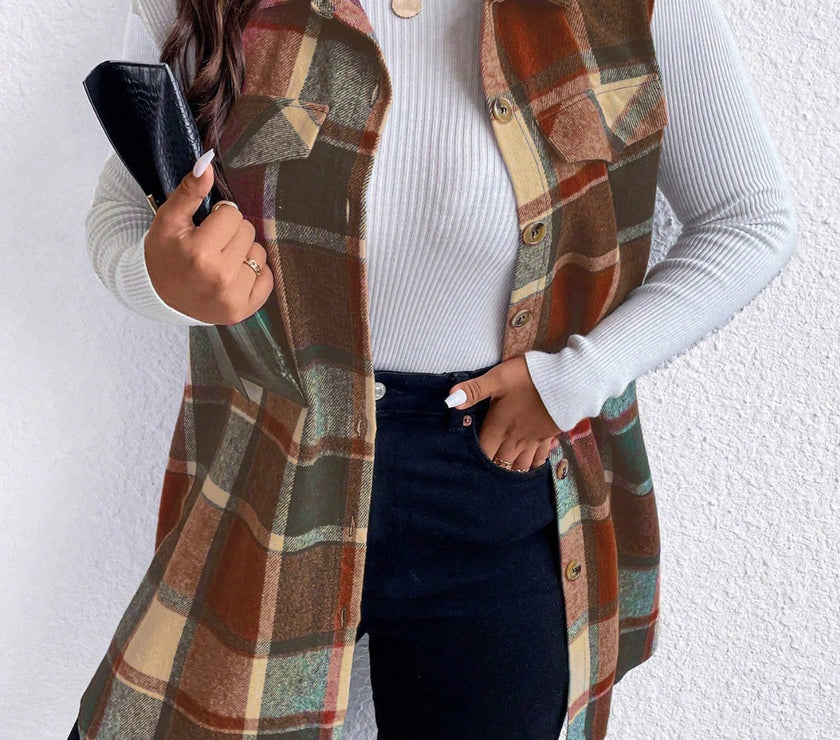 Honey Plus Size Pocketed Plaid Button Up Vest Coat