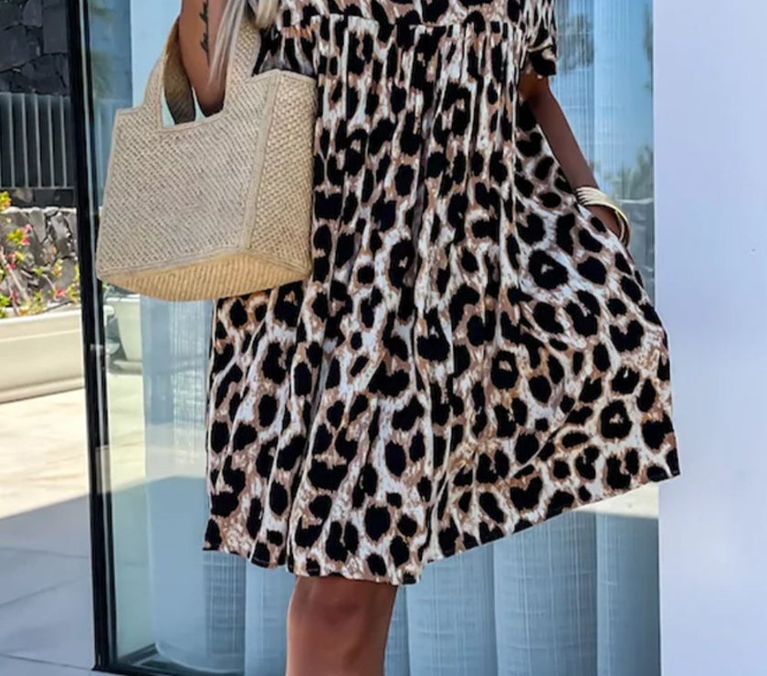 Cutout Back Leopard V-Neck Short Sleeve Mini Dress