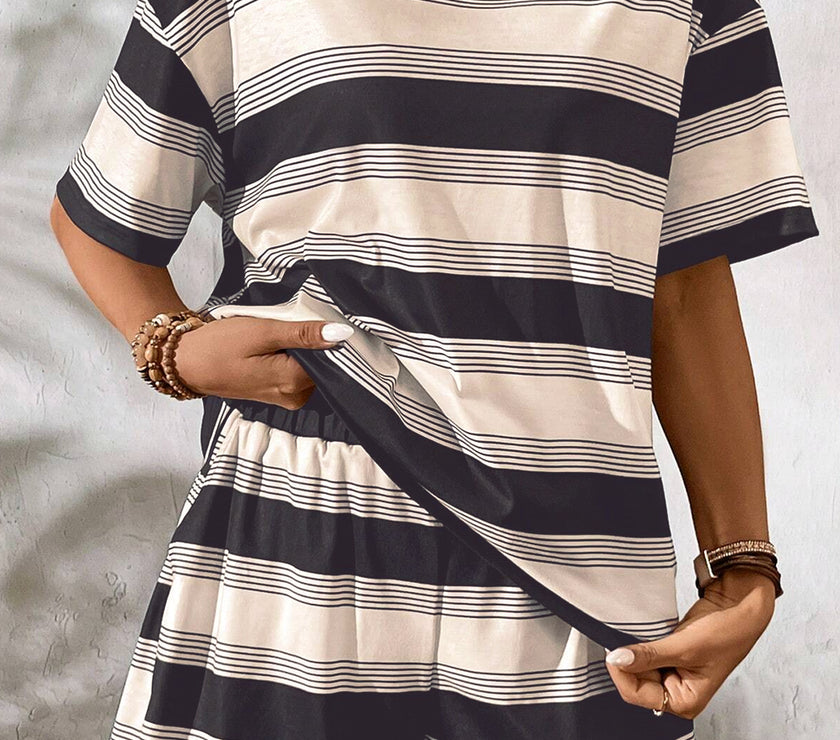 Black Stripe Short Sleeve T Shirt and High Waist Pocketed Shorts Set