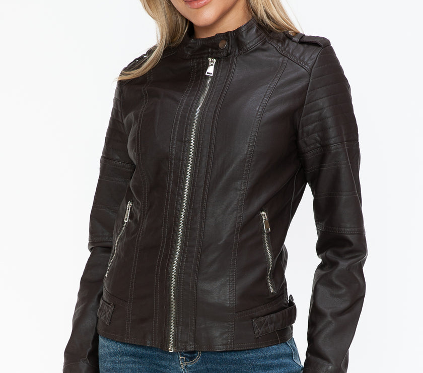 Snobbish PU Leather Biker Jacket with Side Zip Pockets