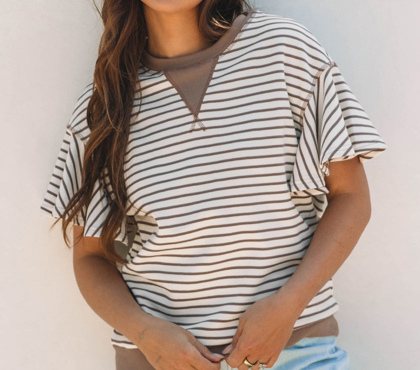 Parchment Contrast Detail Striped Ruffle Short Sleeve Top