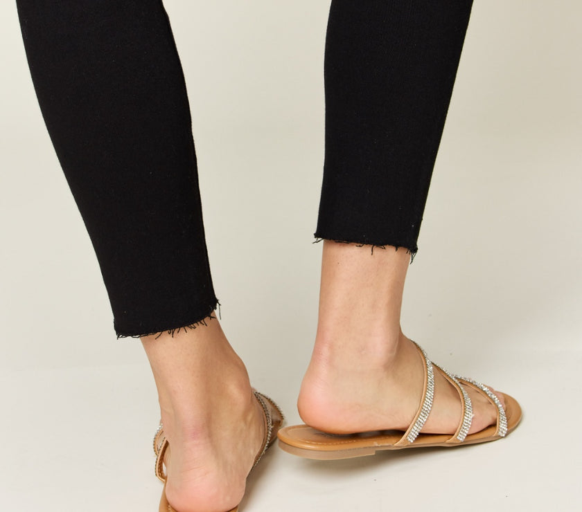 WILD DIVA Rhinestone Three-Strap Flat Sandals